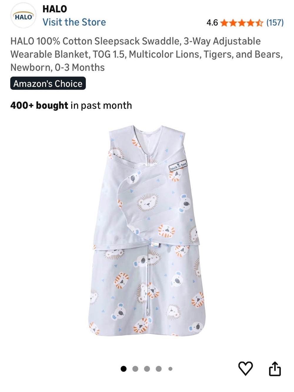 HALO Light Blue Lion & Koala Cotton Sleepsack Swaddle -Newborn Size